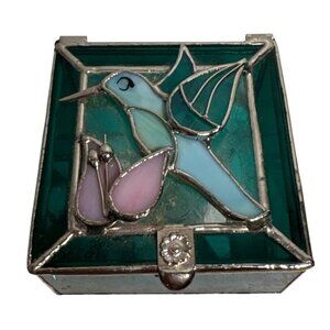 Stained Glass Trinket Box Hummingbird & Flower Hinged Green Blue Pink 3" Mirror